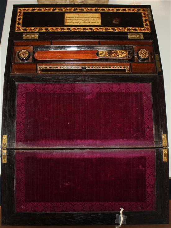 A Tunbridge ware rosewood Tonbridge Castle mosaic writing slope, 15in.